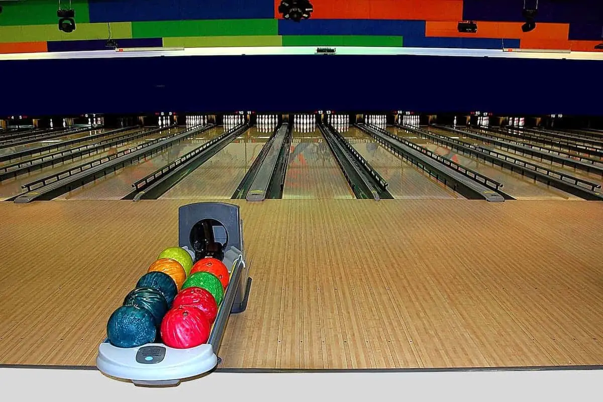 Photo of a bowling alley lanes and ball return